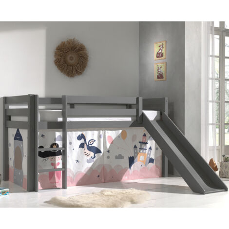 Lit toboggan 90x200 avec tente château pin massif gris Pino (1/5)