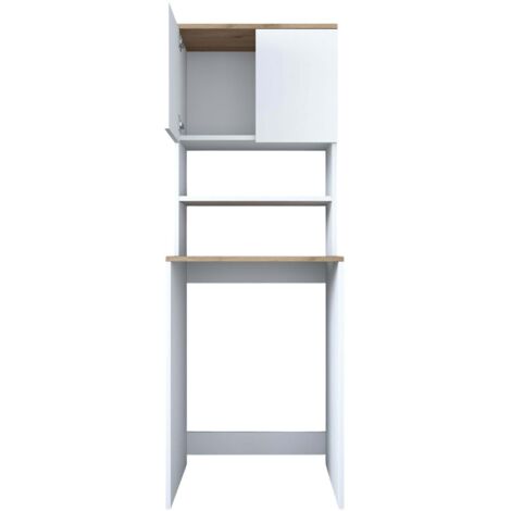 Mobilier1 – Meuble machine à laver en mélamine 183.6cm – 2 étagères – Design moderne en bois naturel et blanc – Fixation murale incluse (1/10)