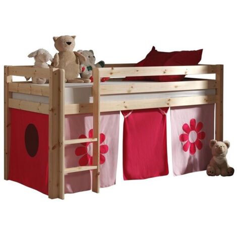 Lit mezzanine 90x200 avec tente fleur pin massif clair Pino (1/3)