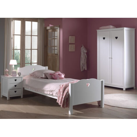 Lit 90x200 cm + chevet et armoire 2p en pin blanc - AMORENA (1/5)