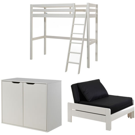 Lit Mezzanine 90x200 Sommier Inclus - Commode 2 portes et Fauteuil Vipack Pino - Blanc (1/4)