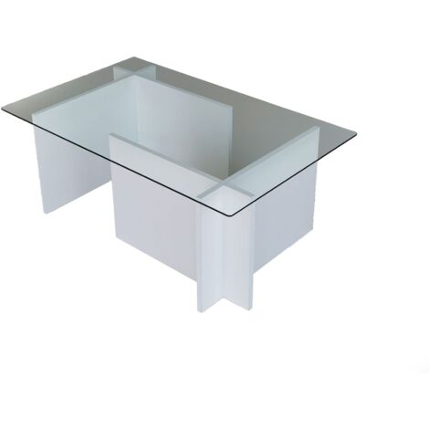 Table basse Melar 105x65cm Bois Blanc et Verre Transparent