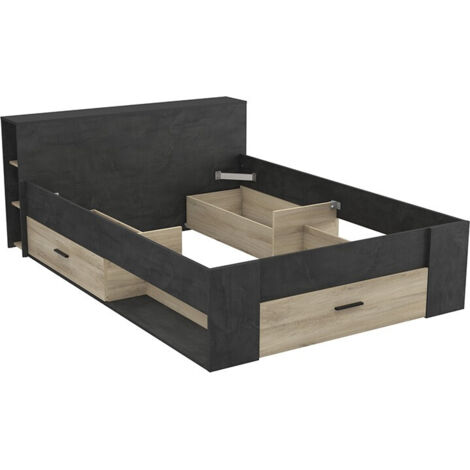 Lit avec rangements 140x190 cm décor chêne et noir - FOUCO (1/5)