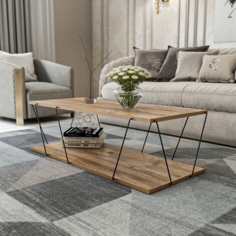 Table basse fixe en bois mélaminé clair et métal noir – Longueur 120 cm – Style industriel avec barres métalliques – Pour intérieur moderne – Decortie