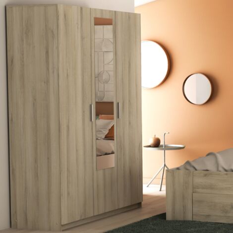 Armoire Prya 3 portes tournantes, 4 étagères et 1 tringle-Chêne (1/5)