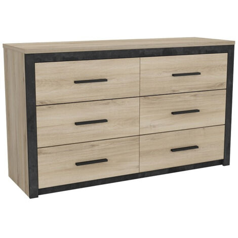 Commode Kansas 6 tiroirs – Dimensions 129 x 41 x 77 cm – MDF bicolore chêne et gris – Coulisses à billes en métal – Demeyere (1/10)