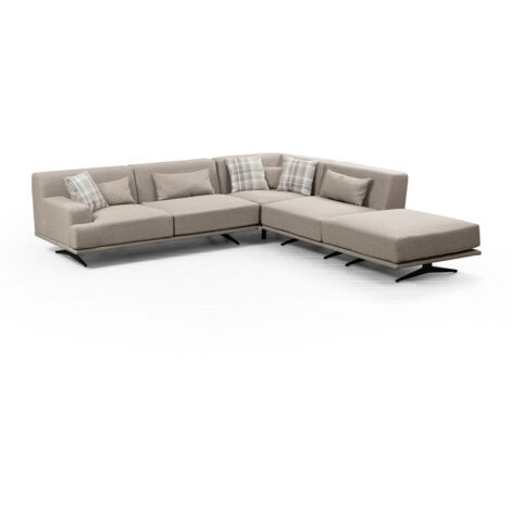 Canapé d'angle à droite avec pouf et 3 coussins Ravina Tissu Beige (1/5)