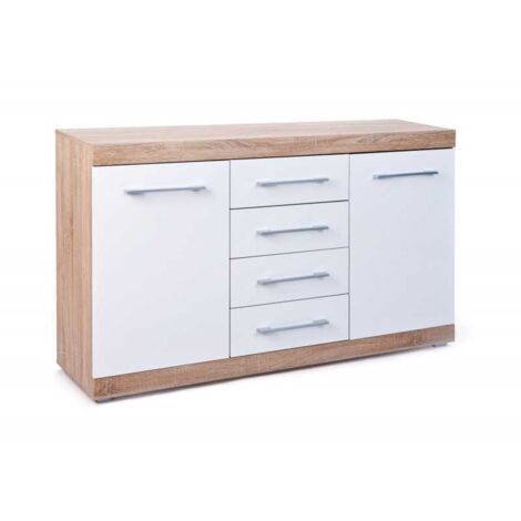Commode 2 portes et 4 tiroirs naturel et blanc (1/5)