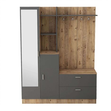 Cotecosy – Meuble à chaussures moderne 140 cm – Panneaux mélaminés pin atlantique et anthracite – Rangement élégant avec crochets et étagères