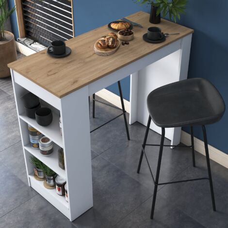 Mobilier1 – Table haute de cuisine 100 cm – Panneaux de particules mélaminé – Longueur 120 cm, profondeur 50 cm – Étagères intégrées marron et blanc