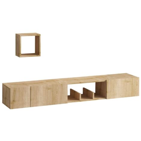 Calicosy – Meuble TV suspendu 180 cm avec étagère murale – Panneaux mélaminés FSC – Rangement 1 niche 3 portes – Décor chêne saphir (1/8)