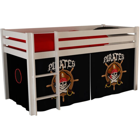 Lit mezzanine 90x200 avec tente pirate noir pin massif blanc Pino (1/3)
