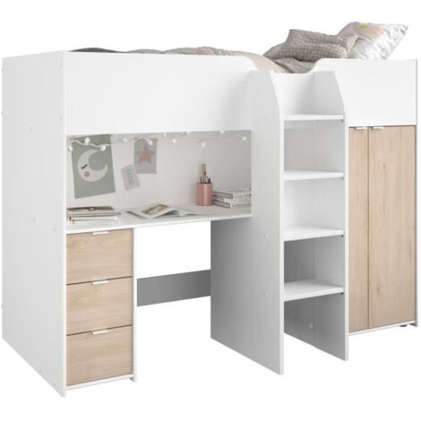 Lit combiné mezzanine enfant 90x200 cm – Décor blanc et chêne – Sommier inclus – Armoire, bureau et étagère intégrés – Parisot