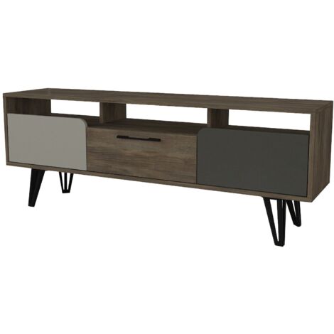 Meuble TV Rétronum 1 tiroir et 2 portes 150cm Bois Naturel et Gris (1/5)