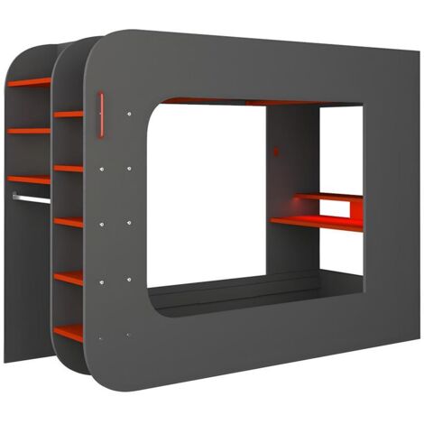Vente-Unique – Lit mezzanine gamer 90x200cm avec bureau intégré – Aggloméré gris anthracite – Escalier avec poignées et étagères – Pour espaces de jeu (1/5)