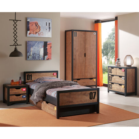 Lit 90x200 sommier inclus - Tiroir de lit - Chevet 2 tiroirs - Armoire 2 portes et Commode 4 tiroirs Vipack Alex - Noir et Bois (1/5)