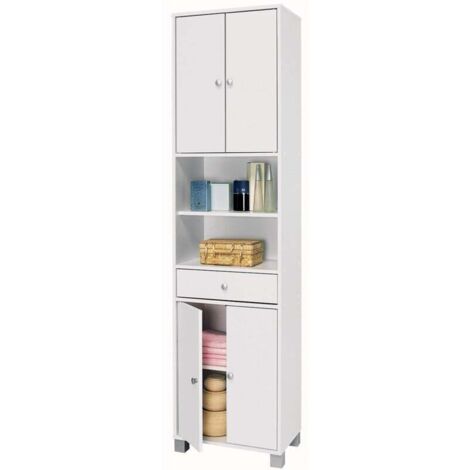 M&S – Colonne de salle de bain blanche mat – Armoire spacieuse avec 1 tiroir et 2 portes – Montage mural – Pour rangement serviettes et soins (1/5)