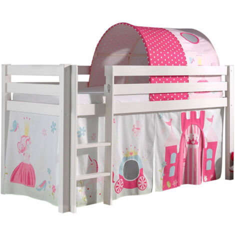 Lit mezzanine 90x200 avec tente et tunnel princesse pin massif blanc Pino (1/3)