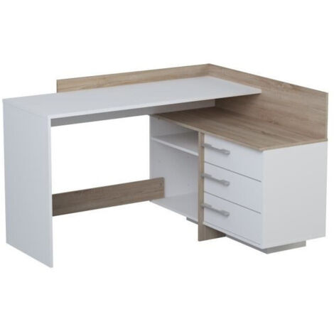 M&S – Bureau d'angle 3 tiroirs en chêne brossé et blanc – Dimensions L 128,5 x P 105,7 x H 83,2 cm – Montage flexible gauche/droite