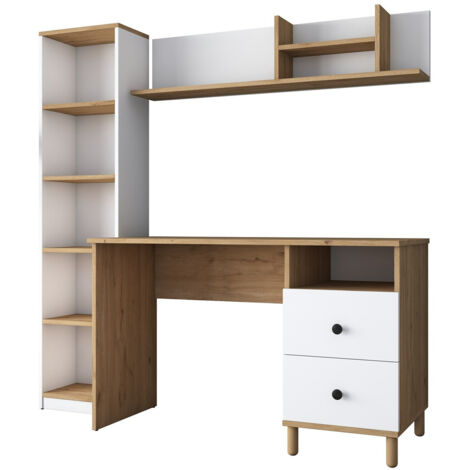 Cotecosy – Bureau droit 120x50x162 cm – 2 tiroirs – Bibliothèque intégrée 5 étagères – Finition blanc et décor noyer – Design moderne
