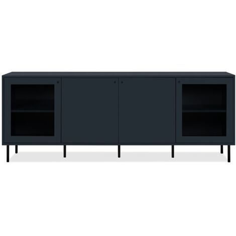 Calicosy – Buffet 4 portes 179,8x40x68 cm bleu foncé – Panneaux mélaminés et verre – Design moderne pour salon ou salle à manger (1/5)