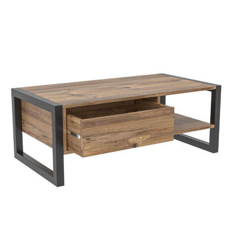 Table basse fixe 100% mélaminé – Pin Atlantique noir – Épaisseur 18 mm – Tiroir 45x19x55 cm – Design industriel moderne – Toilinux (1/10)
