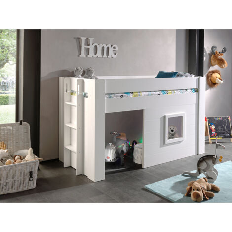 Les Tendances – Lit enfant mezzanine cabane 90x200 cm en bois MDF laqué blanc – Barrière de sécurité – Dimensions L 214 x H 120 x P 96 cm