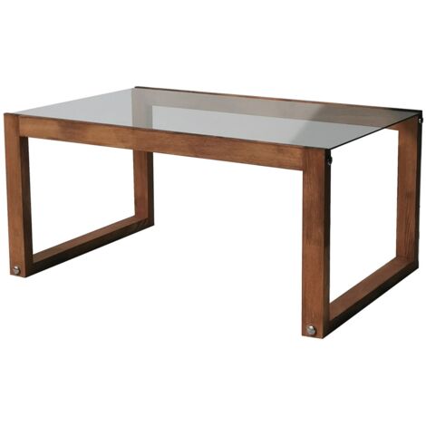 Petite table basse en bois massif marron et plateau en verre trempé Darone 85cm (1/5)