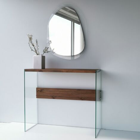 Table console Translucenso 91cm Verre trempé Transparent et Bois Massif Naturel (1/5)