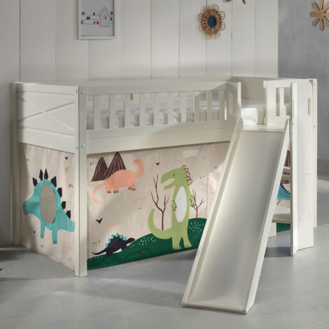 Lit surélevé 90x200 cm avec toboggan décor dinosaure - NIFTY