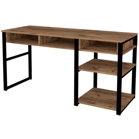 Vente-Unique – Bureau droit en aggloméré mélaminé et métal – Longueur 150 cm, Hauteur 75,8 cm – Rangement intégré pour livres et fournitures – Couleur noyer (1/10)
