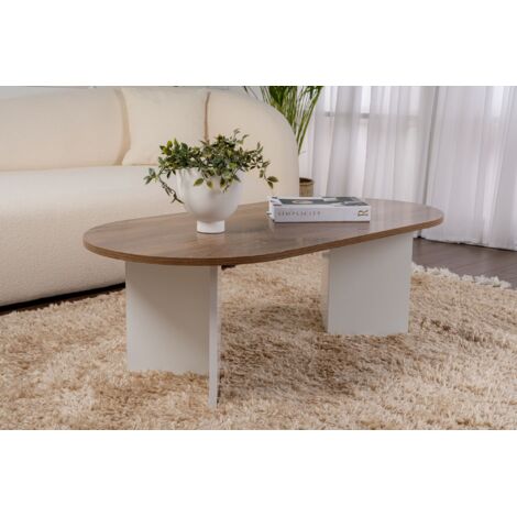 Asir Group Llc – Table basse ovale fixe 119x60x40 cm – Panneau de particules mélaminé 18 mm – Couleur noyer et blanc – Assemblage requis