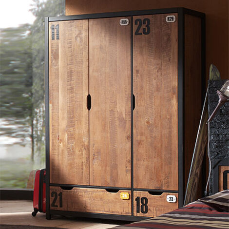 Armoire 3 portes et 2 tiroirs 147,5x55x200 cm marron et noir - BORY (1/6)