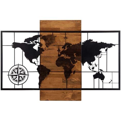 Hanah Home – Décoration murale en métal noir et bois MDF Mappemonde – Dimensions L85 x H58 cm – Design artistique moderne pour intérieur