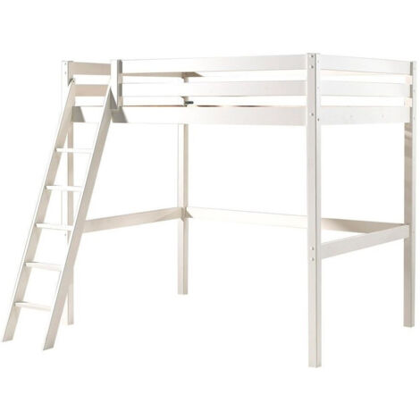 Lit mezzanine 140x200 cm en pin massif laqué blanc – Hauteur sous lit 145 cm – Sommier inclus – Design scandinave pour chambre enfant