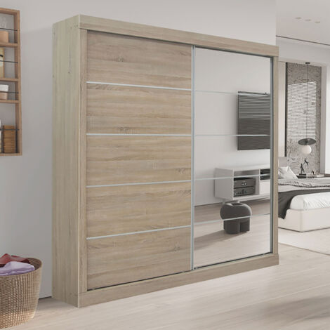 Armoire 2 portes coulissantes et 1 miroir décor chêne - MIKE