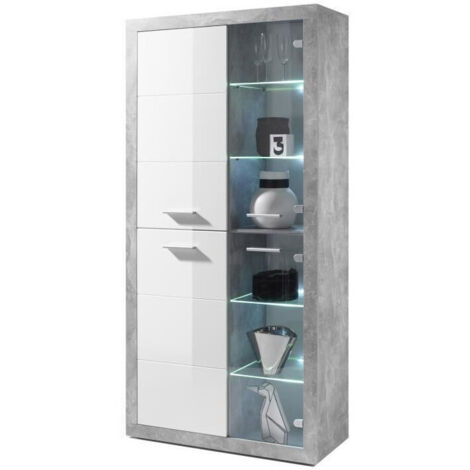 Armoire vitrine Inga 194H x 95L - béton/blanc
