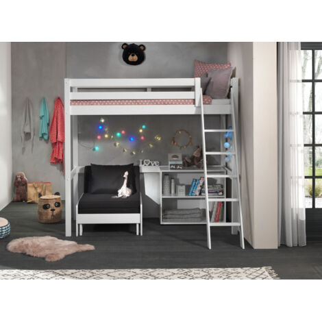 Lit surélevé 90x200 cm avec fauteuil et bibliothèque blanc - PINO (1/5)