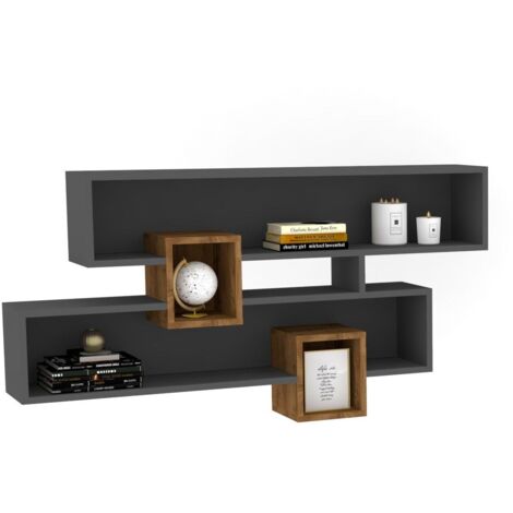 Étagère murale 100% mélaminé – Couleur noyer et anthracite – Largeur 120 cm – Hauteur 75 cm – Profondeur 22 cm – Fixation murale – Toilinux (1/5)