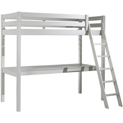 Lit mezzanine 90x200 avec bureau pin massif blanc Pino (1/4)