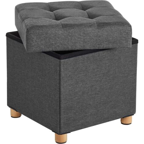 Songmics – Tabouret coffre de rangement 38 x 38 x 40 cm – Tissu imitation lin gris foncé – Pieds en bois massif – Charge max. 300 kg