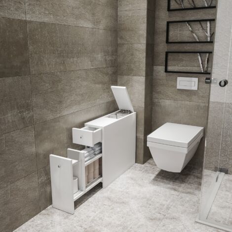 Cotecosy – Meuble de salle de bain blanc scandinave 19x60x55 cm – Panneaux mélaminés – 2 tiroirs et étagères – Prêt à fixer au mur