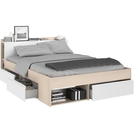 M&S – Lit Marseille 160x200cm avec 3 tiroirs – Panneau d'aggloméré de qualité supérieure – Tête de lit avec compartiments ouverts (1/5)