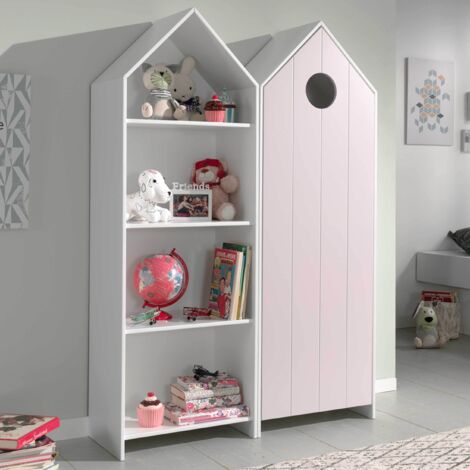 Ensemble armoire bibliothèque bois laqué rose et blanc Camila (1/5)