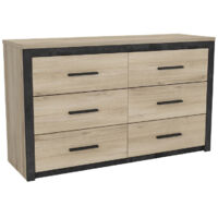 Commode Kansas 6 tiroirs – Dimensions 129 x 41 x 77 cm – MDF bicolore chêne et gris – Coulisses à billes en métal – Demeyere