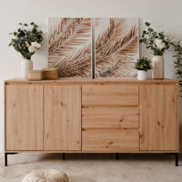 Buffet 3 portes 3 tiroirs L170 cm – Étagères intérieures – Panneaux MDF mélaminés – Pieds métal noir – Décor chêne artisan