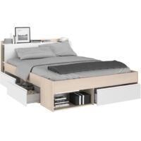 M&S – Lit Marseille 160x200cm avec 3 tiroirs – Panneau d'aggloméré de qualité supérieure – Tête de lit avec compartiments ouverts