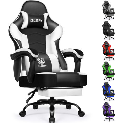 Gaming Stuhl mit Fußstütze – Ergonomischer Gamerstuhl, 170° verstellbar Gaming Chair, höhenverstellbar, mit Lendenkissen & Nackenkissen, belastbar bis 150 kg, Gronfont, Weiß
