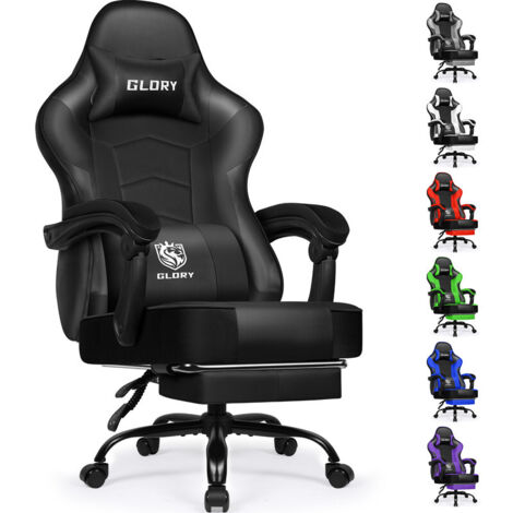 Gaming Stuhl mit Fußstütze – Ergonomischer Gamerstuhl, 170° verstellbar Gaming Chair, höhenverstellbar, mit Lendenkissen & Nackenkissen, belastbar bis 150 kg, Gronfont, Schwarz