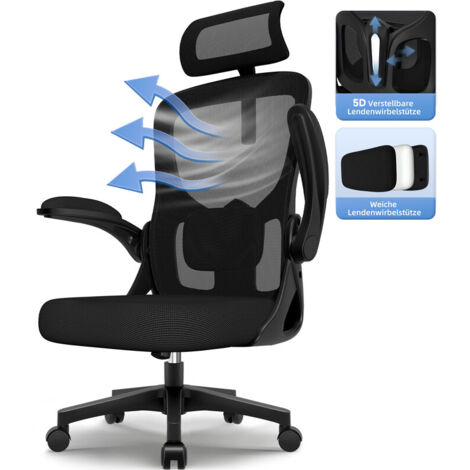 Bürostuhl, Schreibtischstuhl mit Kopfstütze und Weiche Lordosenstütze, Bürostuhl ergonomisch mit Wippfunktion bis 130°,Drehstuhl mit klappbaren Armlehnen 150 kg
